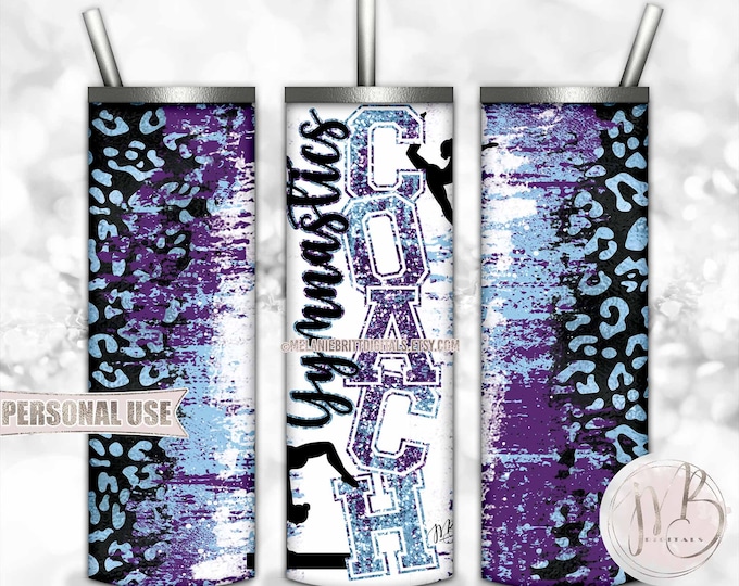 Gymnastics Coach Tumbler Wrap Download • Purple and Light Blue Leopard Print Coach Gift • Sublimation Print and Press #1