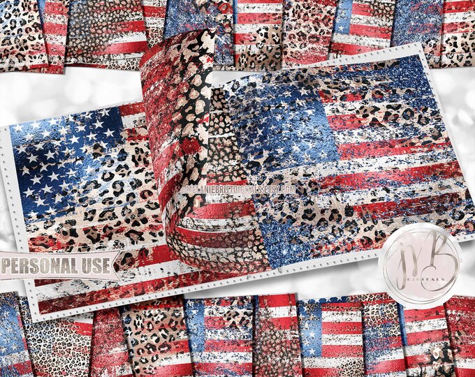 Distressed USA Flag and Leopard Scrapbook Paper Download • Patriotic Leopard Print Glitter Design • Printable Paper Crafts 20 12x12 JPG PDF