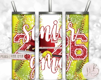 Red Softball Senior 2026 Grandma 20oz Skinny Tumbler Wrap Sublimation Download • Softball Helmet Glitter Senior Gma Gift • DIY Print & Press