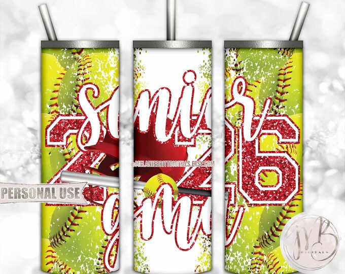 Red Softball Senior 2026 Grandma 20oz Skinny Tumbler Wrap Sublimation Download • Softball Helmet Glitter Senior Gma Gift • DIY Print & Press