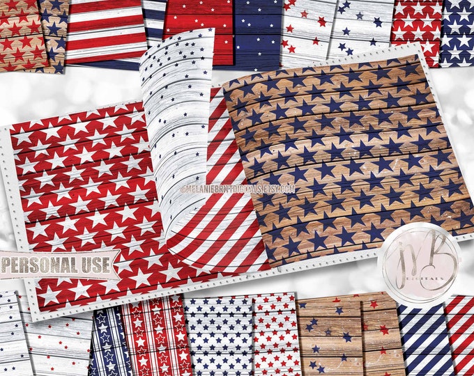 Featured listing image: Patriotic Wood Scrapbook Paper Download • 4th of July Red White Blue Stars Stripes Rustic Wood • Printable Paper Crafts 20 12x12 JPG & PDF