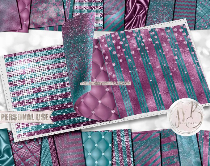 Plum and Teal Luxury Scrapbook Paper Download • Luxurious Design Glitter Sparkle Foil Shimmer • Printable Paper Crafts 20 12x12 JPG & PDF