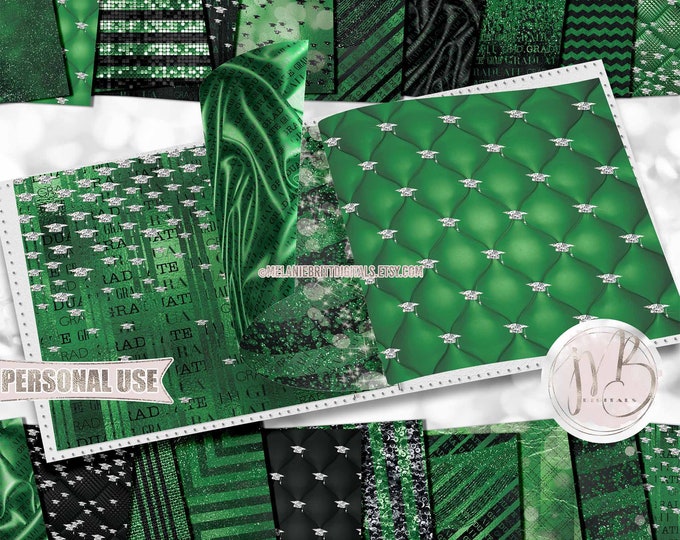 Green Luxury Graduation Scrapbook Paper Download • Luxurious Diamond Mortarboards • DIY Scrapbooking Printable