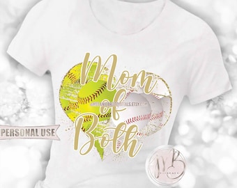 Gold Baseball and Softball Mom of Both Heart T-Shirt Sublimation Design Download • School Sports Ball Park Mom Gift • DIY Print and Press