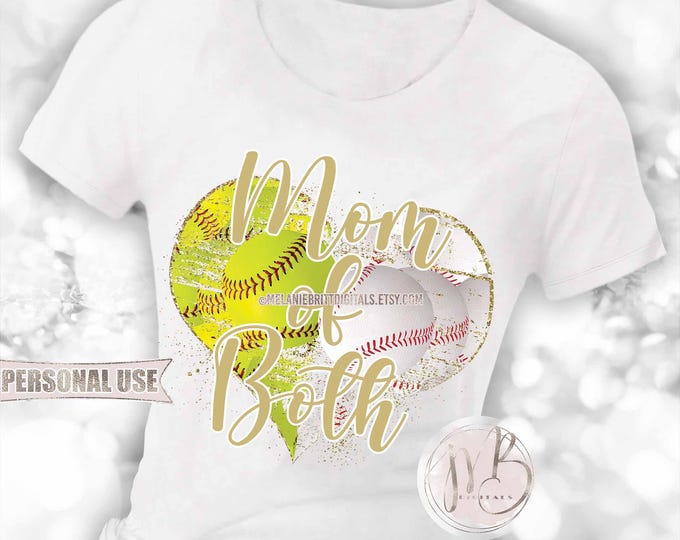 Gold Baseball and Softball Mom of Both Heart T-Shirt Sublimation Design Download • School Sports Ball Park Mom Gift • DIY Print and Press