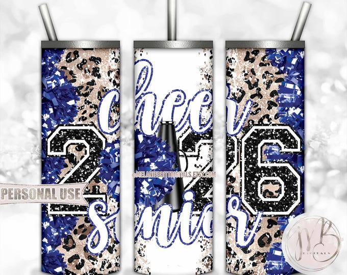 Blue Cheer Senior 2026 20oz Skinny Sublimation Tumbler Wrap Design • Pom Pom Megaphone Classic Leopard Print • DIY Print and Press