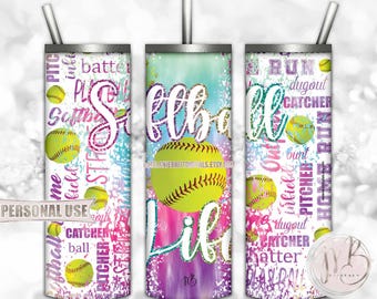 Softball Life 20oz Skinny Tumbler Wrap Sublimation Download • Rainbow Tie Dye Softball Typography Glitter Outline • DIY Print and Press #2
