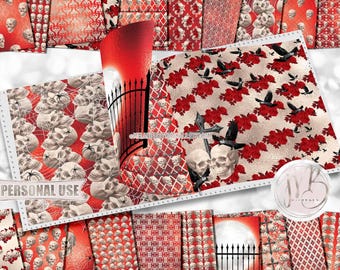 Red and Champagne Gothic Skulls Scrapbook Paper Download • Goth Ravens Spiders Cobwebs Moon • Printable Paper Crafts 20 12x12 JPG & PDF