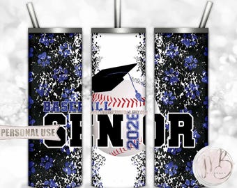 Blue Baseball Senior 2026 20oz Skinny Tumbler Wrap Sublimation Design Download • Paw Prints Baseball Graduation Gift • DIY Print and Press