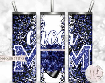 Blue Cheer Mom 20oz Skinny Tumbler Wrap Sublimation Design • Leopard Print Design Pom Pom Megaphone Glitter Mom Gift • DIY Print and Press