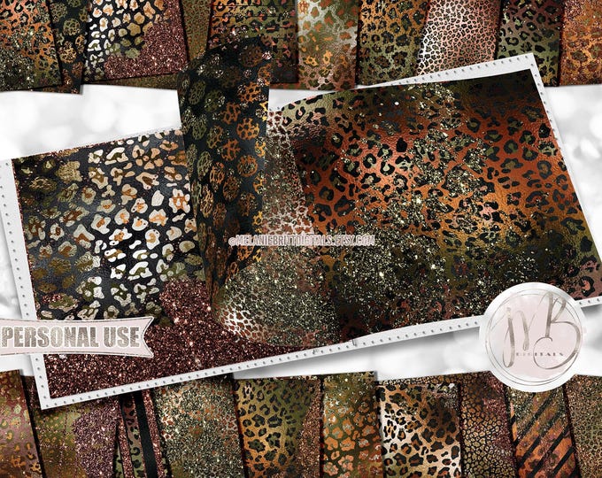 Glam Autumn Leopard Print Scrapbook Paper Download • Fall Tones Glitter Sparkle Foil Shimmer • Printable Paper Crafts 20 12x12 JPG & PDF