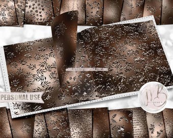 Sable Brown Foil Flake Leaves Scrapbook Paper Download • Crumpled Shimmering Metallic Foil Flakes • Printable Paper Crafts 20 12x12 JPG PDF