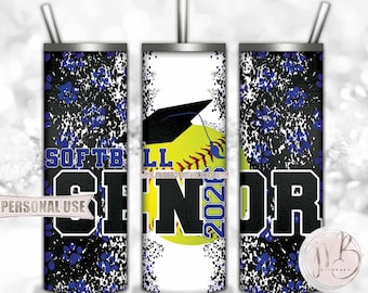 Blue Softball Senior 2026 20oz Skinny Tumbler Wrap Sublimation Design Download • Paw Prints Mortarboard Sporty Grad Gift • DIY Print & Press