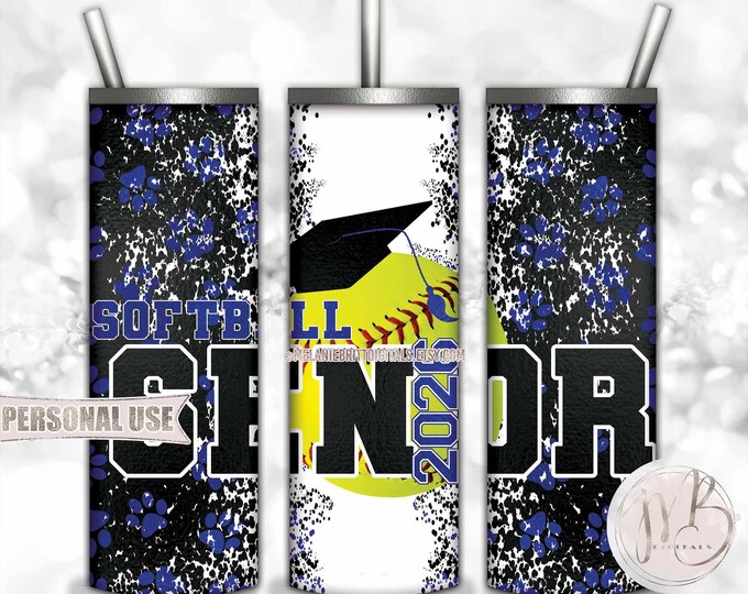 Blue Softball Senior 2026 20oz Skinny Tumbler Wrap Sublimation Design Download • Paw Prints Mortarboard Sporty Grad Gift • DIY Print & Press
