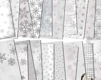 Silver Winter Scrapbook Paper Download • Glitter Snowflakes and Watercolor Design • Printable Paper Crafts 20 12x12 JPG