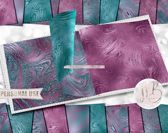 Plum and Teal Swirls Scrapbook Paper Download • Glitter and Foil Swirling Paint Design • Printable Paper Crafts 20 12x12 JPG & PDF