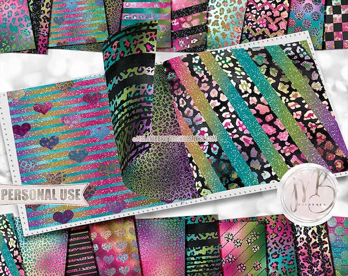 Rainbow Leopard Scrapbook Paper Download • Colorful Animal Print Sparkling Glitter and Shimmering Foil • Scrapbooking Printable