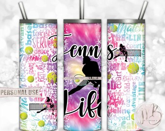 Girl Tennis Life 20oz Skinny Tumbler Wrap Sublimation Download • Rainbow Tie Dye Tennis Balls Typography Tennis Gift • DIY Print & Press