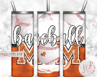Orange Baseball Mom 20oz Skinny Tumbler Wrap Sublimation Design Download • Baseball Collage Glitter Varsity Letters • Sublimation Crafts