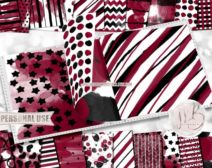 Black and Burgundy Watercolor Scrapbook Paper Download • Patterned Messy Painted Design • Printable Paper Crafts 20 12x12 JPG & PDF