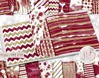 Burgundy and Gold Glam Watercolor Scrapbook Paper Download • Patterned Glitter Paint Design • DIY Printable Paper Crafts 20 12x12 JPG & PDF