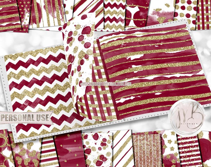 Burgundy and Gold Glam Watercolor Scrapbook Paper Download • Patterned Glitter Paint Design • DIY Printable Paper Crafts 20 12x12 JPG & PDF