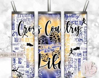 Girl Cross Country Life 20oz Skinny Tumbler Wrap Sublimation Design • Endurance Running Blue & Athletic Gold Tie Dye • DIY Print and Press