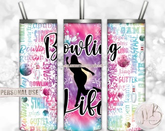 Girl Bowling Life 20oz Skinny Tumbler Wrap Sublimation Design Download • Rainbow Tie Dye Typography Bowling League Gift • DIY Print & Press