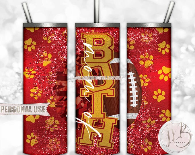 Mom of Both Football and Cheer 20oz Skinny Tumbler Wrap Sublimation Design Download • Paw Prints Red and Athletic Gold • DIY Print & Press