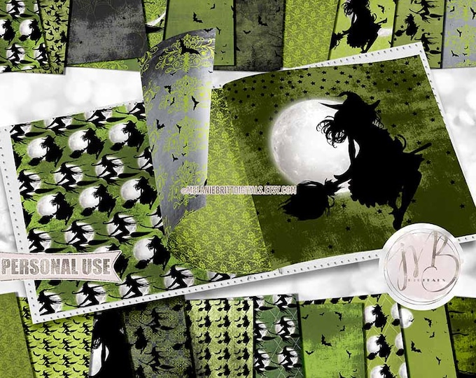 Green Grunge Happy Halloween Witches Scrapbook Paper Download • Good and Wicked Witch Party • Scrapbooking Printable