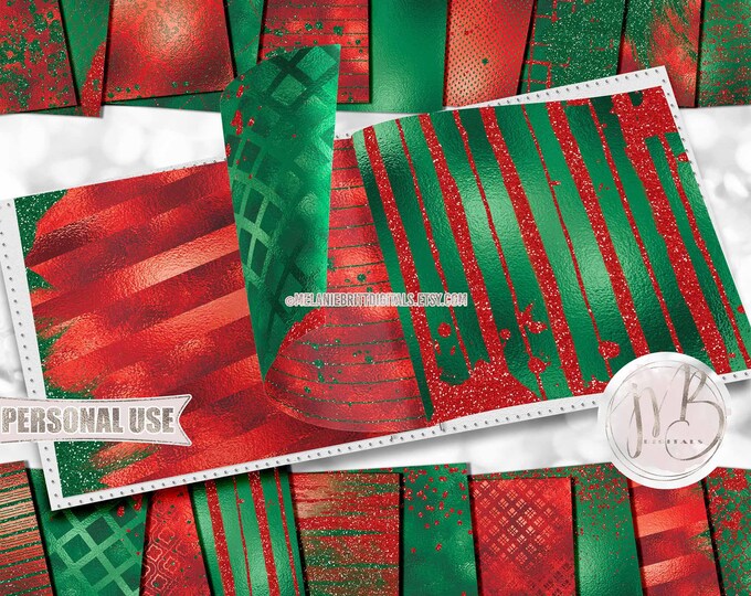 Christmas Glam Scrapbook Paper Download • Red and Green Sparkling Glitter Shimmering Foil Design • Printable Paper Crafts 20 12x12 JPG & PDF