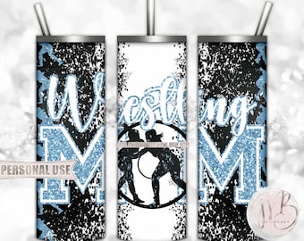 Light Blue Girl Wrestling Mom 20oz Skinny Tumbler Wrap Sublimation Download • Glitter Varsity Letters Wrestler Mom Gift • DIY Print & Press