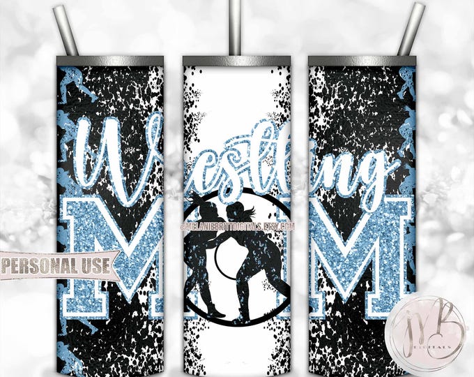 Light Blue Girl Wrestling Mom 20oz Skinny Tumbler Wrap Sublimation Download • Glitter Varsity Letters Wrestler Mom Gift • DIY Print & Press