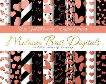 ROSE GOLD HEARTS digital paper, scrapbook papers, Valentines Day, Wedding, Anniversary, digital paper pack, printable paper pdf