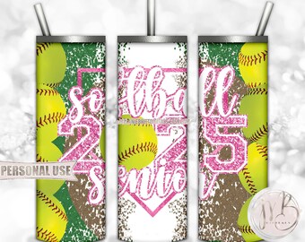Pink Glitter Softball Senior 2025 20oz Skinny Tumbler Wrap Sublimation Design Download • Varsity Softball Graduate Gift • DIY Print & Press