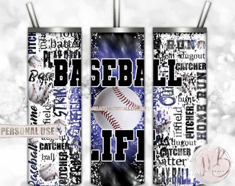 Baseball Life 20oz Skinny Tumbler Wrap Sublimation Design Download • Blue and Black Tie Dye Typography Baseball Gift • DIY Print and Press