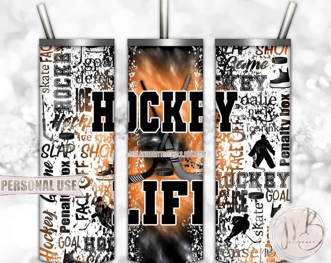 Hockey Life 20oz Skinny Tumbler Wrap Sublimation Design • Orange and Black Tie Dye Typography Hockey Gift • DIY Print and Press