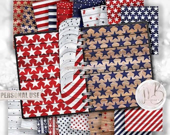 Patriotic Wood Scrapbook Paper Download • 4th of July Red White Blue Stars Stripes Rustic Wood • Scrapbooking Printable