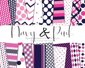 Navy Blue and Pink Scrapbook Paper Download • Classic Patterns Geometric Patterned Paper • Printable Paper Crafts 20 12x12 JPG & PDF