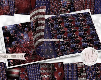 Glam Patriotic Skulls Scrapbook Paper Download • USA Flag America Fallen Hero Not Forgotten Veteran • Printable Paper Craft 20 12x12 JPG PDF
