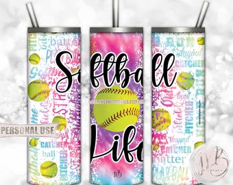 Softball Life Tumbler Wrap Download • Rainbow Tie Dye Softball Typography Softball Gift • Sublimation Print and Press #1
