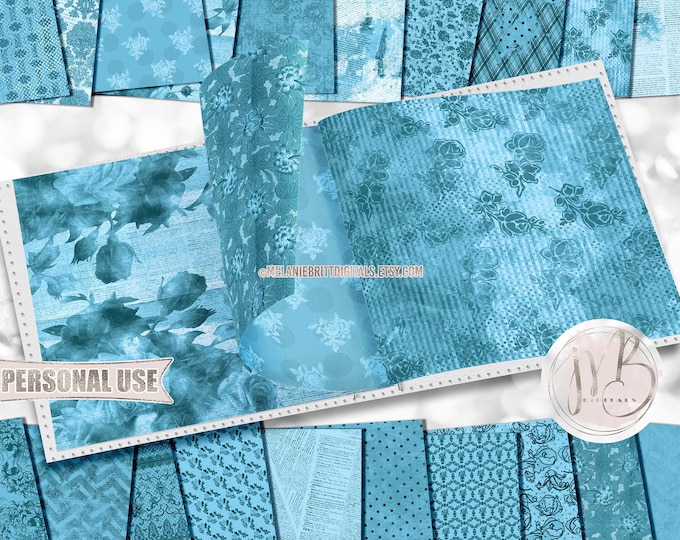 Sky Blue Vintage Floral Scrapbook Paper Download • Distressed Vintage Flowers Antiqued Design • Printable Paper Crafts 20 12x12 JPG & PDF