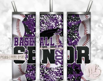 Purple Baseball Senior 2025 20oz Skinny Tumbler Wrap Sublimation Design • Camouflage Baseball Graduation Gift • DIY Print and Press