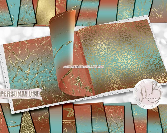 Copper Patina Serene Scrapbook Paper Download • Crackle Design Gold Glitter and Foil • DIY Printable Paper Crafts 25 12x12 JPG & PDF