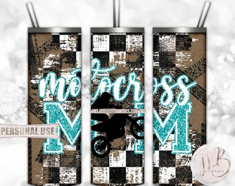 Aqua Boy Motocross Mom 20oz Skinny Tumbler Wrap Sublimation Design • Tire Tracks Checkered Flag Dirt Bike Mom Gift • DIY Print & Press