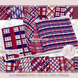 Patriotic Plaid Scrapbook Paper Download • Red White and Blue 4th of July BBQ Picnic Party • Printable Paper Crafts 20 12x12 JPG & PDF