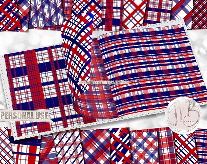 Patriotic Plaid Scrapbook Paper Download • Red White and Blue 4th of July BBQ Picnic Party • Printable Paper Crafts 20 12x12 JPG & PDF