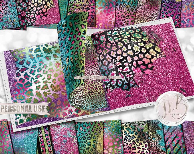 Rainbow Glam Leopard Print Scrapbook Paper Download • Sparkling Glitter and Shimmering Foil • Scrapbooking Printable