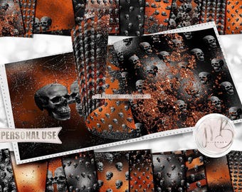 Glam Halloween Skulls Scrapbook Paper Download • Orange and Black Gothic Sparkling Glitter • Printable Paper Crafts 20 12x12 JPG & PDF