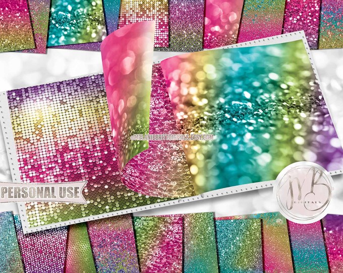Rainbow Glitzy Scrapbook Paper Download • Sparkling Glitter Shiny Bokeh Sequins Mosaic Design • Printable Paper Crafts 20 12x12 JPG & PDF
